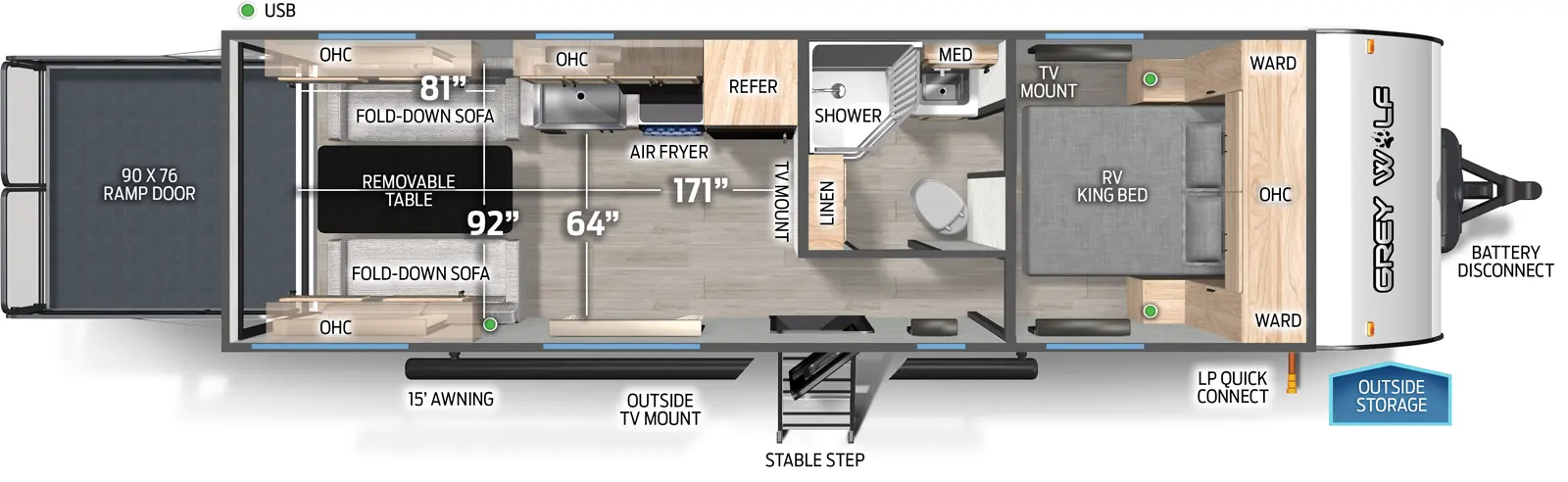 The Cherokee Black Label 25RRTBL floorplan is a toy hauler that has one entry and zero slide outs. Exterior features include: fiberglass exterior and 15' awning. Interiors features include: front bedroom.